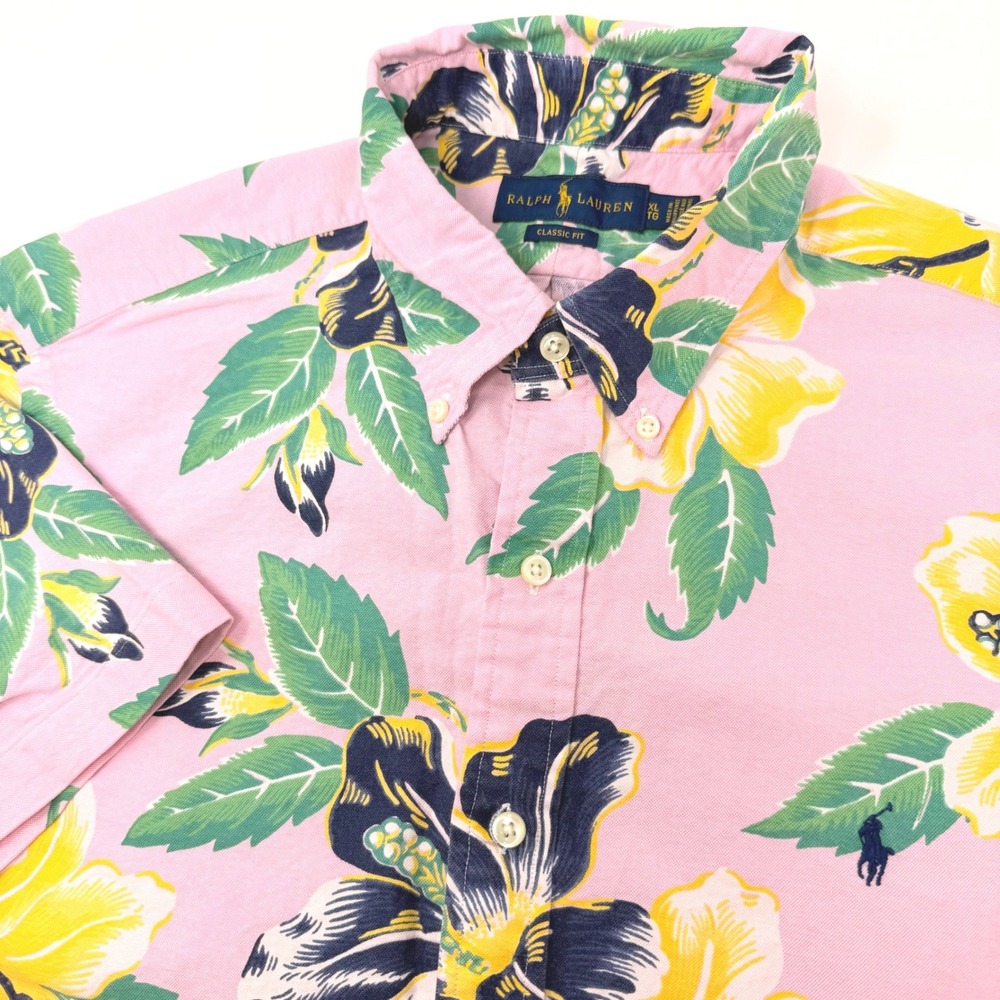 Ralph Lauren Mens XL Classic Fit Pink Hibiscus Floral Oxford Short Sleeve Shirt